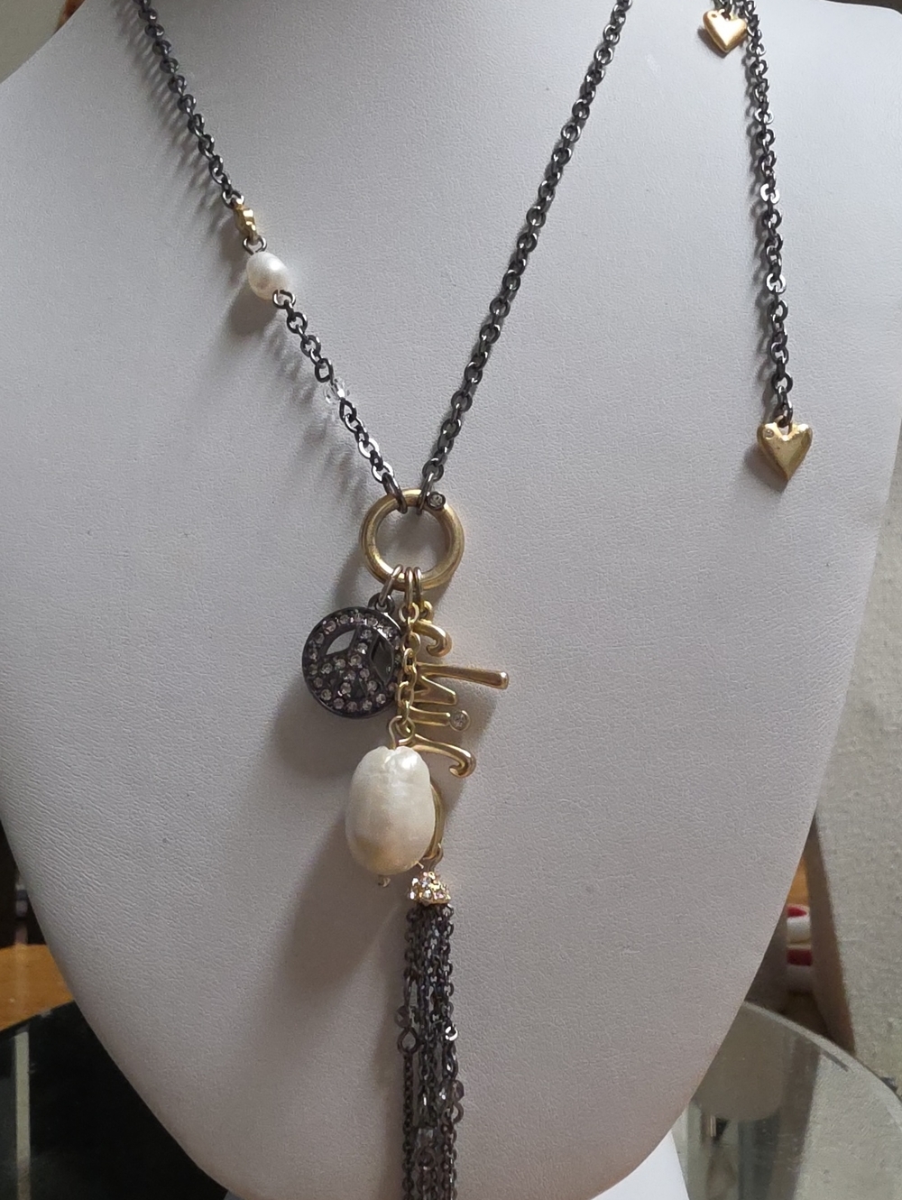 Chico's Gold Gunmetal Long Chic Peace Sign Pearl Tassel Statement Necklace